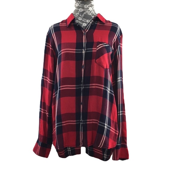 Woolrich Red Navy Plaid Button Up‎ Collared Shirt Women's Large Tab Sleeve - Picture 1 of 11